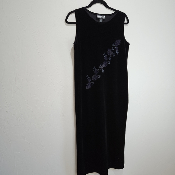 Vintage 90s Y2K Black Velvet Dress Floral Design Midi Maxi Long Whimsigoth Fairy - Picture 6 of 12